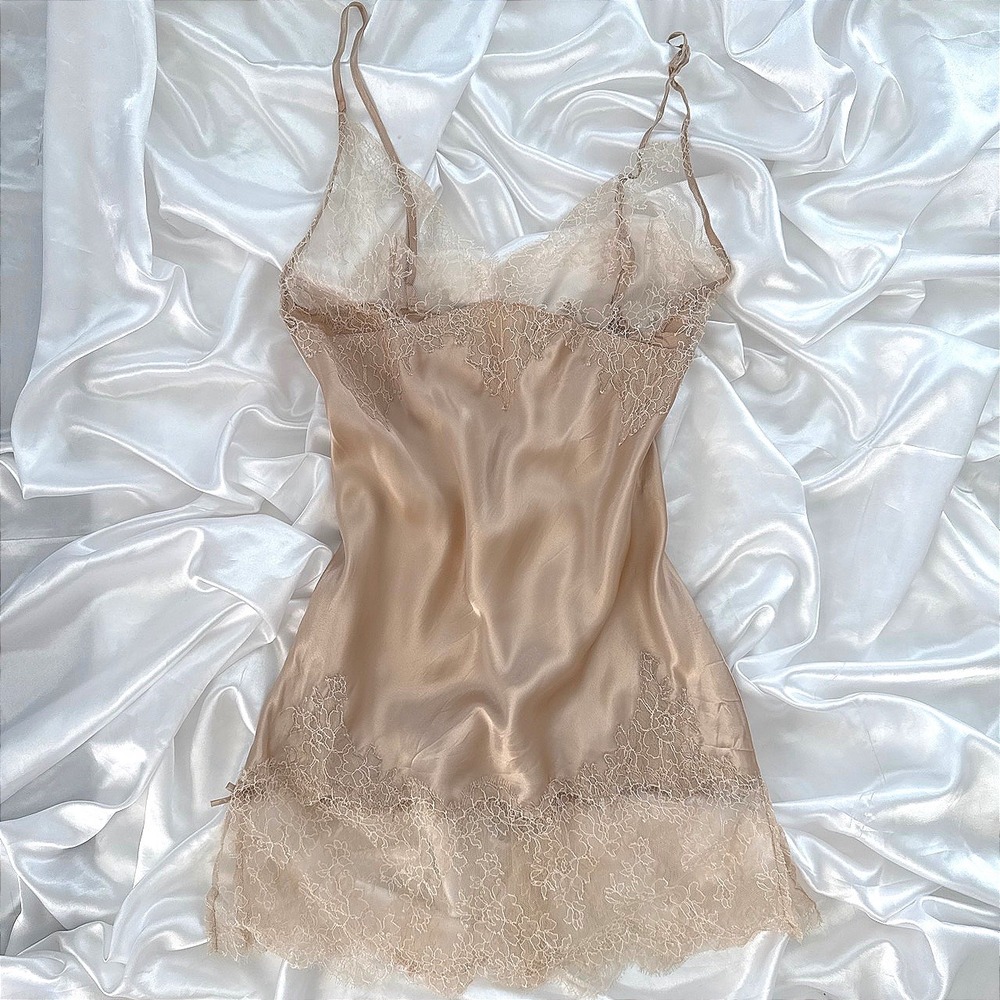 Vintage 1998 Victoria's Secret Champagne Gold Satiny Lace Slip Dress Medium